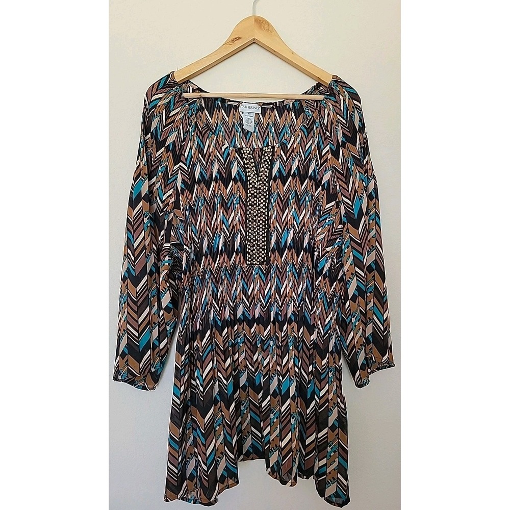 CATHERINES Womens Tunic Top Sz 4X (30/32) 3/4 Sleeve Brown Boho Artsy Smocked